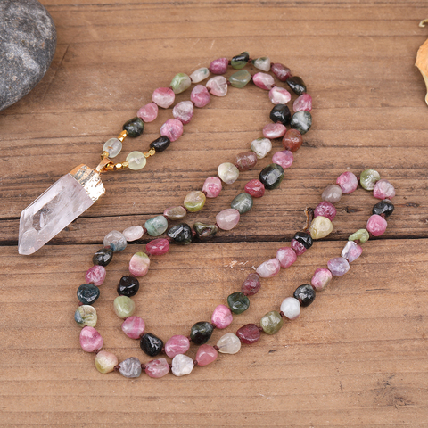 Natural White Quartz Tusk Point Pendant Rainbow Tourmaline Stone Beads Handmade Knot Mala Necklace Long 32 Inch N0288AMEI ► Photo 1/5