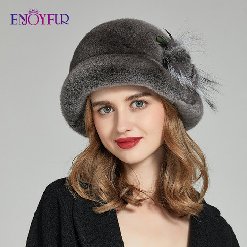 ENJOYFUR Winter Whole Mink Fur Hats For Women Fashion Fur Flower Luxury Bucket Bonnet Warm Russia Female Quality Ski  Beanie New ► Photo 1/6