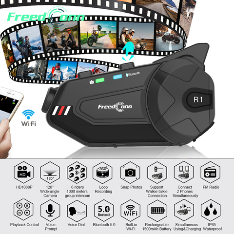 R1 Plus Wifi Recorder Bluetooth 5.0 Motorcycle Group Intercom HD 1080P Video FM Wifi 6 Riders  Helmet Interphone Headset ► Photo 1/6