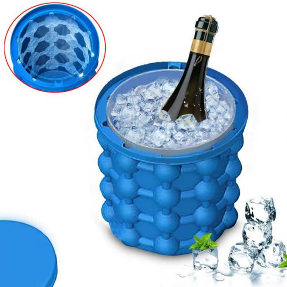 Large Ice Cube Maker Wine Bucket Ice Mold w/ Lid Silicone Space Saving Portable 