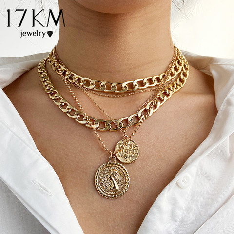 17KM Punk Gold Portrait Coin Pendant Necklace For Women Cuban Multilayered Chunky Thick Chain Choker Necklaces Gothtic Jewelry ► Photo 1/6