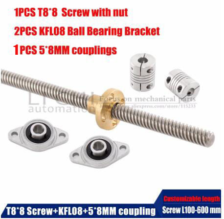 1pcs T8 Lead screw 8mm stainless steel with screw nut+2pcs KFL08 Mounted Ball Bearing Bracket+1pc Shaft Coupling for 3D printer ► Photo 1/6