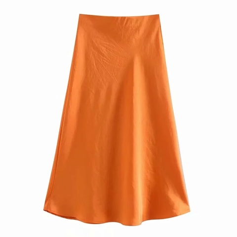 Solid Satin Elastic waist Women Midi Skirt 2022 New Fashion Casual Lady Slim A-Line Skirts P1596 ► Photo 1/6