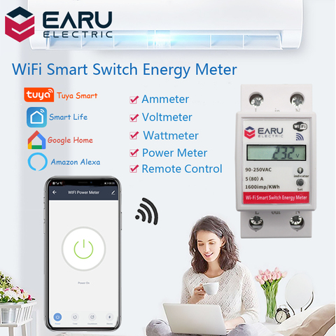 WiFi Smart Power Energy Meter Consumption kWh Voltmeter 90-250V Din Rail Remote Control Switch Smart Life Tuya Alexa Google Home ► Photo 1/6