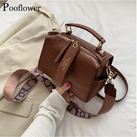 Pooflower Stone Pattern Small PU Leathet for Women Vintage Wide Strap Boston Shoulder Bags Luxury Hand Crossbody Bag bolsa ZH215 ► Photo 1/6