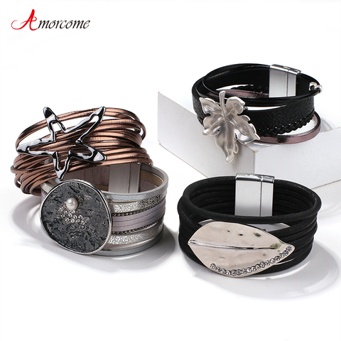 Amorcome Multi-type Stars Leaf Flower Round Charm Leather Bracelets for Women Multilayer Wide Wrap Bracelet Wristband Pulseira ► Photo 1/6