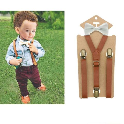 3 Clips Y Back Kid Brown Tan Leather Suspender And Bow Tie Ring Bearer Bowtie Set Birthday Outfit 80*1.5cm Adjustable ► Photo 1/6