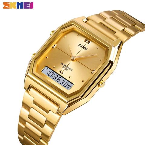 SKMEI 3 Time Fashion Mens Clock Stainless Steel Chrono Digital Wristwatches Men Women Waterproof Thin Lady Male Alarm Hour 1612 ► Photo 1/6