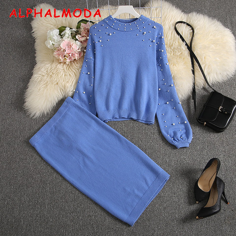 ALPHALMODA 2022 New Women Sweater Skirt Suits Loose Pullover Pearl Jumper + Knee Length Knit Skirts Women Stylish Winter Set ► Photo 1/5