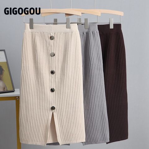 GIGOGOU Women Knitted Skirt Spring Autun Button Sexy Slim Bodycon Skirts Elastic High Waist Pencil Skirt Ribbed Long MIDI Skirt ► Photo 1/6