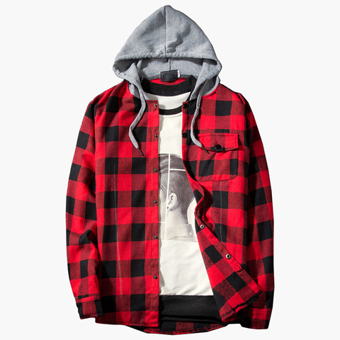 Fashion Red Plaid Hooded Shirt Men 2022 Brand New Casual Slim Fit Long Sleeve Men Shirt Hipster Streetwear Shirts Men Chemise ► Photo 1/6