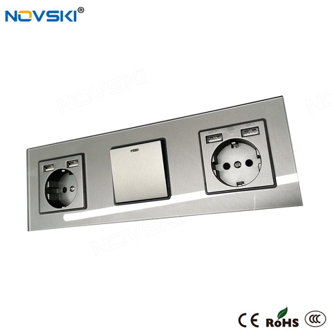 NOVSKI USB German Wall Socket 1-Gang Switch with LED, 16A Triple Electrical Socket Switch Grey Grounded ► Photo 1/6