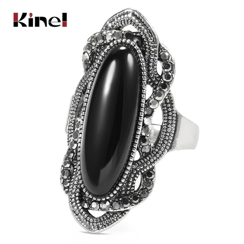 Kinel Top Quality Bohemian Black Stone Ring Silver Color Mosaic AAA Gray Crystal Big Oval Rings For Women Vintage Jewelry ► Photo 1/6