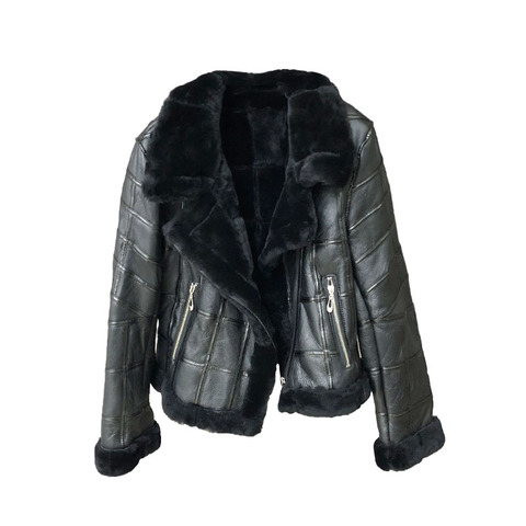 Winter Women Leather Jacket Thick Warm Real Lambs Wool Fur Collar Coat Motorcycle Zipper Outerwear Patchwork Bomber Jacket Short ► Photo 1/6