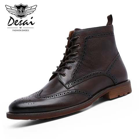 DESAI Upgraded Zipper Men's Brock Boots Carved Business British Style Men's Shoes Genuine Leather Boots Men Ankle Boots ► Photo 1/6
