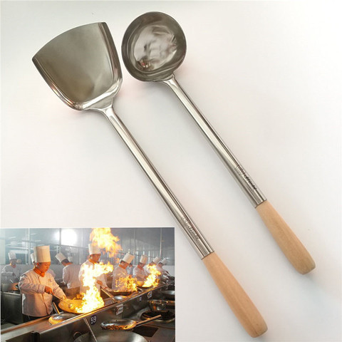 big long spatula shovel chef cooking cocina utensilios blade Kitchen Utensil Wooden Handle Stainless Steel Turner Soup Spoon wok ► Photo 1/6
