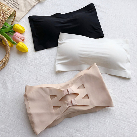 Women Ice Silk Seamless Tube Top Removable Strapless Chest Pad Bra