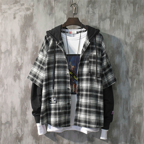 2022 New Fashion Autumn Hooded Collar Plaid Stitching Sweatshirt Men Japanese Tide Drawstring Loose Casual Hoodies 9A145 ► Photo 1/6