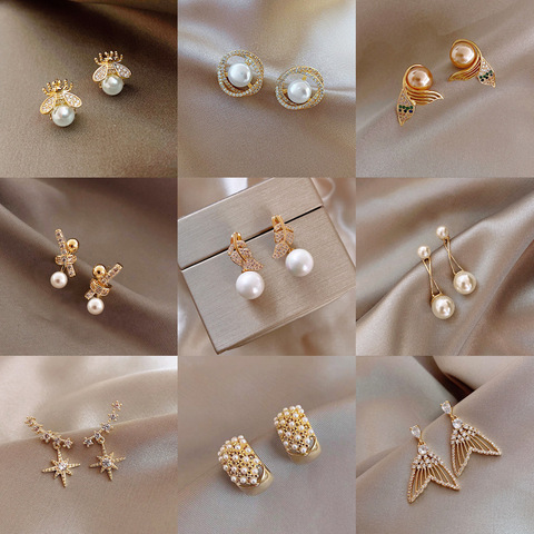 Fashion Exquisite Zircon Pearl Earrings Woman Simple Cute Star Bear Crystal Statement Earrings Jewelry Gift Korean Earrings ► Photo 1/6