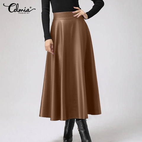 2022 Celmia PU Leather Skirts Women Elegant High Waist Midi Skirts Autumn Fashion Plus Size Party Skirt OL Solid Femininas 5XL 7 ► Photo 1/6