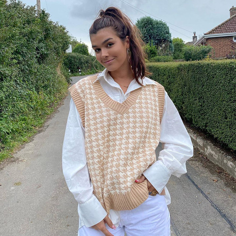 Sweetown Houndstooth Knit Oversized Sweater Vest Female England Preppy Style Y2K Jumpers V Neck Casual Loose 90s Knitwear Autumn ► Photo 1/5