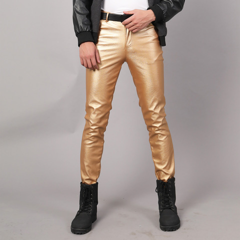 #2212 Black White Red Solver Gold Tight Faux Leather Pants Men Plus Size 38 Stretch Shiny PU Pants Mens Joggers Hip Hop Pants ► Photo 1/6