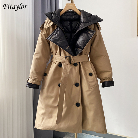 Fitaylor New Winter Women Double Breasted Hooded Down Coat Snow Warm Outwear 90% White Duck Down Long Parkas with Belt ► Photo 1/1