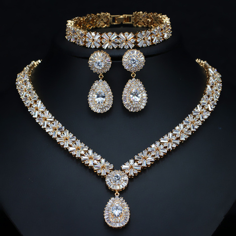 CWWZircons Exclusive Dubai Gold Plate Jewellery Luxury Cubic Zirconia Necklace Earring Bracelet Party Jewelry Set for Women T053 ► Photo 1/6