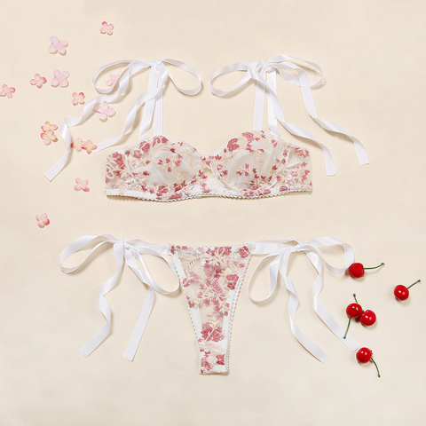 ADULOTY Floral Lace Tie Shoulder Skort Lingerie Set Sexy embroidered Mesh bra set string bralette set Transparent Underwear set ► Photo 1/6