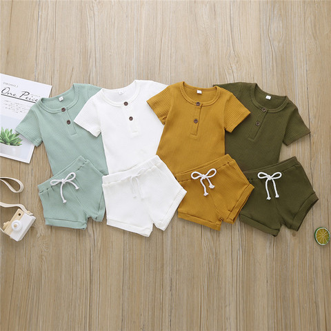 Cotton Casual Summer Newborn Baby Boys Girls Outfits Suit Ribbed Knitted Short Sleeve T-shirts Tops+Shorts 2Pcs Kids Tracksuits ► Photo 1/6