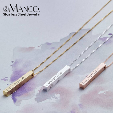 eManco Four Sides Engraving Personalized Square Bar Custom Name Necklace Stainless Steel Pendant Necklace Women/Men Gift ► Photo 1/6