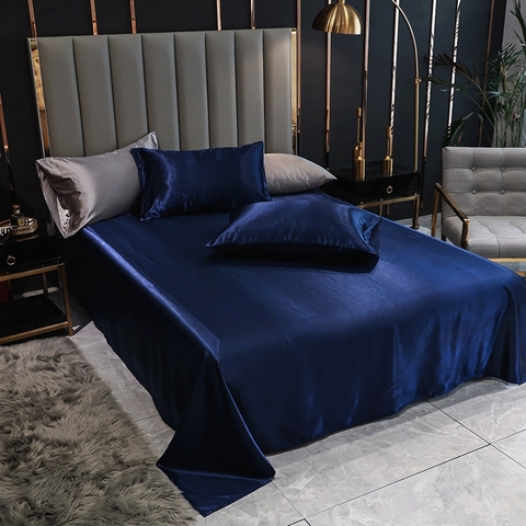 Bonenjoy 1pc Bed Linen Satin Blue Solid Color Smooth Queen Size Flat Bed Sheet King Top Sheet for Beds(pillowcase need order) ► Photo 1/6