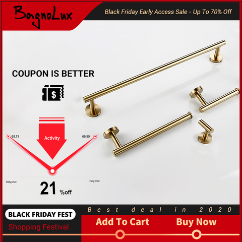 Brushed Gold Stainless Steel Round Wall Mounted Hand Towel Bar Toilet Paper Holder Robe Towel Hooks Bathroom Accessories Kit ► Photo 1/6