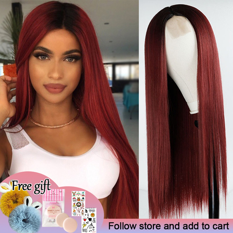 Long Straight Hair Lace Front Wig Wine Red Synthetic Wig Ladies Natural Hand Middle Heat-resistant Fiber Daily Wig ► Photo 1/6