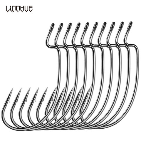 LINNHUE 10pcs Carbon Steel Fishing Hook Soft Worm Hook Bass Lead Head Barbed Crank Hook for Soft Bait Lure Fishing Pesca ► Photo 1/6