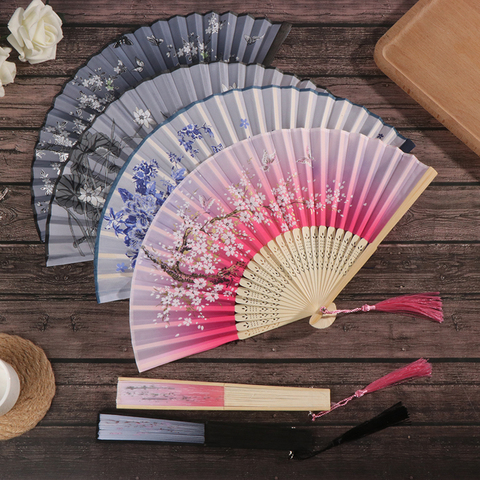 1PC Retro Chinese Japanese Silk Bamboo Folding Fan  Home Decoration Ornaments Floral Painting Hand Held Fans Dance Party ► Photo 1/5