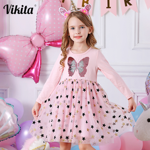 VIKITA Autumn Girls Dress Butterfly Sequins Kids Long Sleeve Dresses Baby Girls Princess Dress Party Clothes Birthday Dresses ► Photo 1/6
