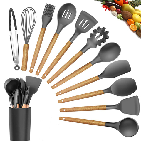 Best Silicone Cooking Utensil Set Wooden Handle Spatula Soup Spoon Brush Ladle Pasta Colander Non-stick Cookware Kitchen Tools ► Photo 1/6