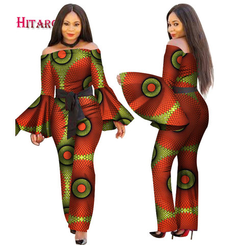 2022 African Print Women Jumpsuit Slash-Neck Long Horn Sleeve Sexy Romper Wide Leg Pants African Ladies Jumpsuits Rompers WY2634 ► Photo 1/6