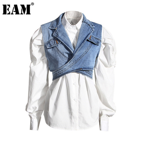 [EAM] Women Blue Denim Irregular Blouse New Lapel Long Puff Sleeve Loose Fit Shirt Fashion Tide Spring Autumn 2022 1Z595 ► Photo 1/6