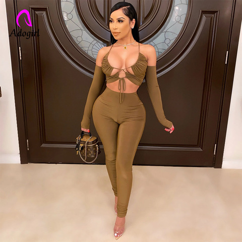 Khaki Women 2 Piece Set Off Shoulder Crop Top Deep V Halter Neck Skinny Pencil Pant Sexy Night Club Party Outfits Work Out Wear ► Photo 1/6