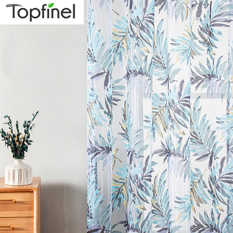 Topfinel Blue Tropical Leaves Print Sheer Curtains for Living Room Window Curtain Bedroom Kitchen Tulle Curtains Room Divider ► Photo 1/6