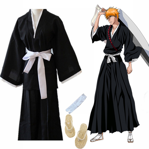 Oriental Japanese Traditional Kimono Samurai BLEACH Kurosaki Ichigo Cosplay Costumes Robe Gown with Straw Sandals Naruto Luffy ► Photo 1/6