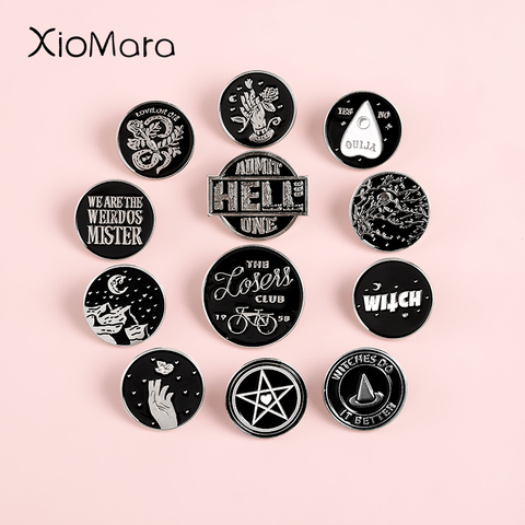 Punk Black Round Enamel Pins Collections Halloween Witchcraft Black Magic witch sorcerer wizard Badges Brooches Lapel Pins ► Photo 1/6