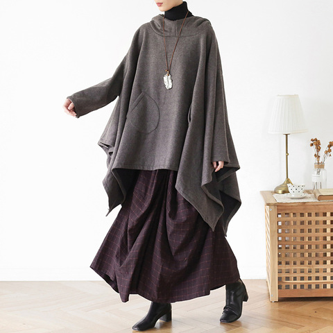 Johnature Women Bat Sleeve Pullover Sweatshirts Pockets 2022 Autumn New Solid Color Plus Size Women Cotton Irregular Hoodies ► Photo 1/6