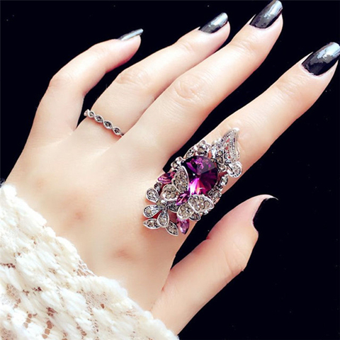 Fashion Classic Floral Crystal Rhinestone Vintage Ring Set Daily Silver Butterfly Shape Wedding Ring Party Jewelry Ring Elegant ► Photo 1/6