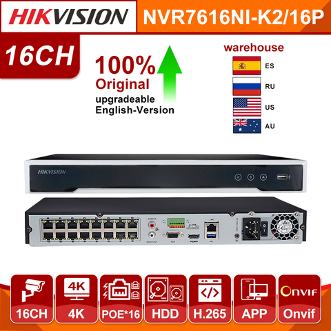 Hikvision NVR Original 16CH 8CH 4CH 4K POE NVR DS-7616NI-K2/16P H.265 8mp POE for IP Camera Support Two way Audio  ► Photo 1/6