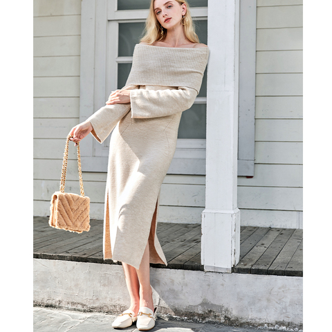 AEL Boat neck Jersey Dress spring wool Knitted Sweaters Women Elegant Slim Fashion Long Sweater Dresses hight split sexy ► Photo 1/6