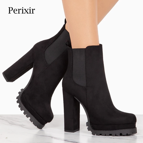 Perixir Platform Ankle Boots for Women Elastic Siding Autumn Winter Women Thick Heel Platform Boots Ladies Worker Boots Black ► Photo 1/6