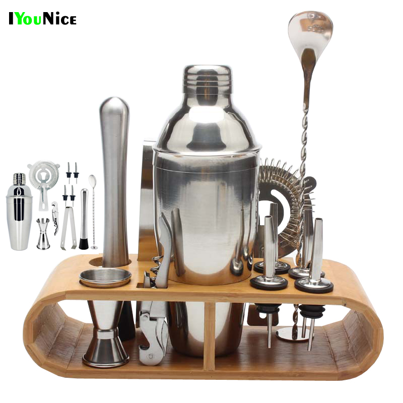 Cocktail Shaker Set Jigger Mixing Spoon Bartender Tools w/ Wood Storage Stand